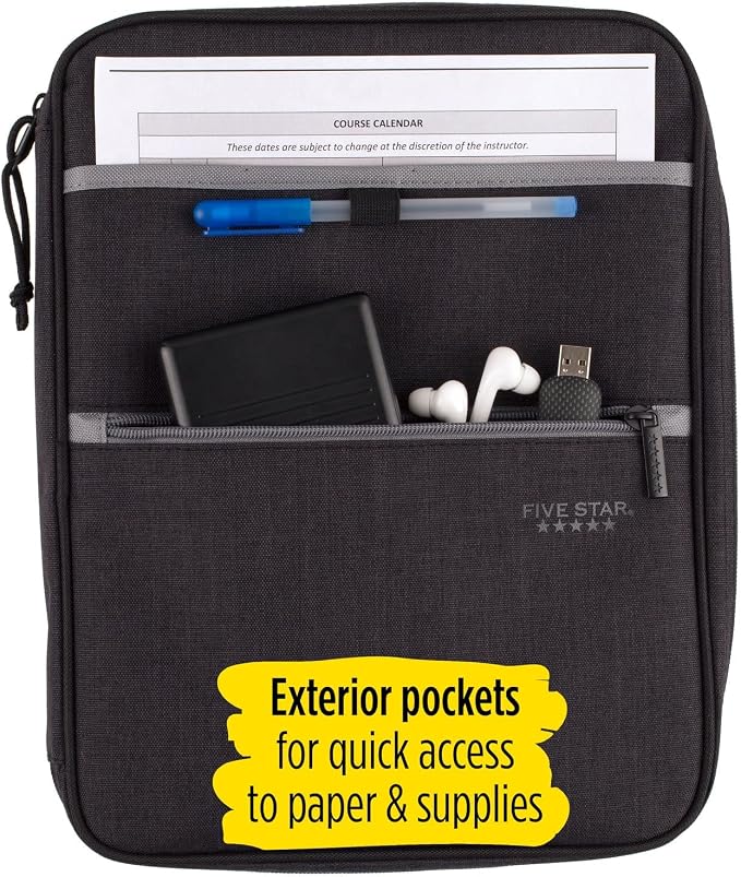 Five Star Zipper Binder, 1 Inch 3-Ring Binder with Round Rings, Carry-All with Pockets and 4-Tab Dividers, 375 Sheet Capacity, Black/Gray (29092IT8) (Pack of 8)