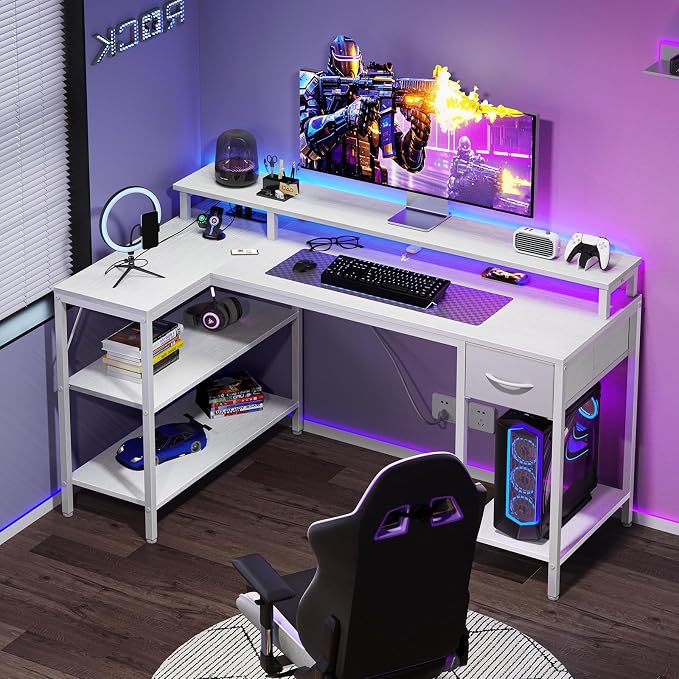 DUMOS 47 Inch Gaming Desk, Monitor Stand, LED Lights, Storage Shelves | USB Charging Ports, Power Outlets, Reversible L Shaped Corner, Small Spaces, White