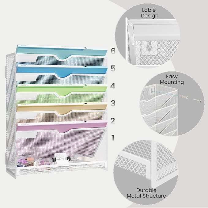 Hanging Wall File Organizer 6-Tier Wall Mount Mail Organizer | Desk Paper Organizer, Sleek White Metal File Folder Holder for Office, Cubicle, Bedroom | All-in-One Document Storage Shelf