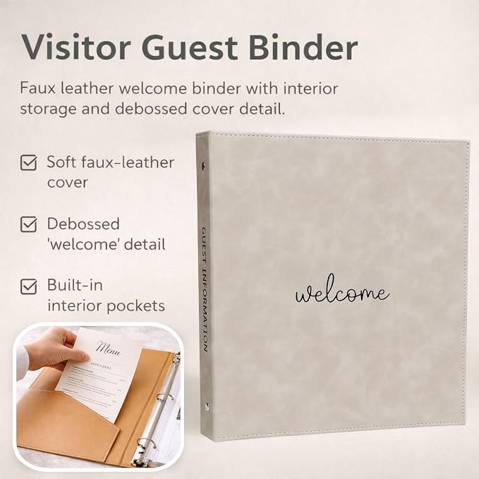 Paper 'n Such Welcome Binder for Short Term Rentals – Grey Faux Leather 3 Ring Folder for Airbnb, Vacation Home, House Manual & Guest Information - Letter Size