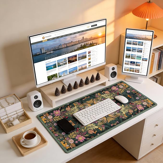 Floral Aesthetic Wildflower Gaming Mouse Pad, Forest Green Rug Desk Mat with Anti-Slip Base & Stitched Edges,35.4" x 15.7" in Desk Accessories for Women, Home Office Decor & Artistic Gift