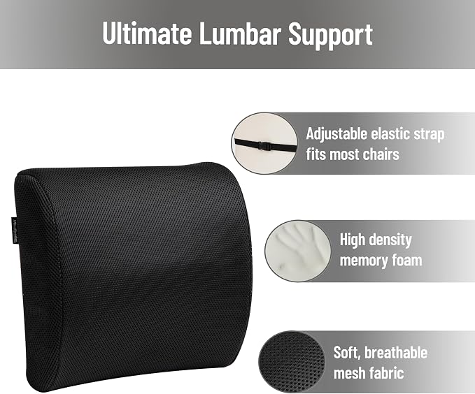 Mind Reader Lumbar Support Cushion with Air-Cloud Memory Foam, Ergonomic Lower Back Pillow for Office Chair and Car Seat, Black