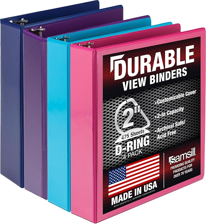 Samsill Durable 2 inch 3 Ring Binder, D Ring Binder, 100% Recycled Chipboard, Fashion Assortment, 4 Pack