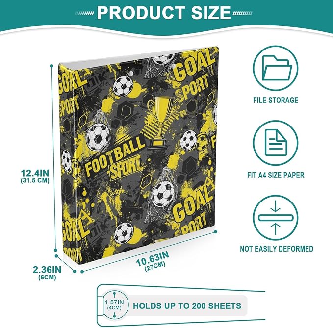 Aslsiy Kids 3 Ring Binder 1.5 Inch Football Yellow Soccer Gray Girls Round Clipboard Binder Decorative Harcover Binders Organizer for Office School Supply