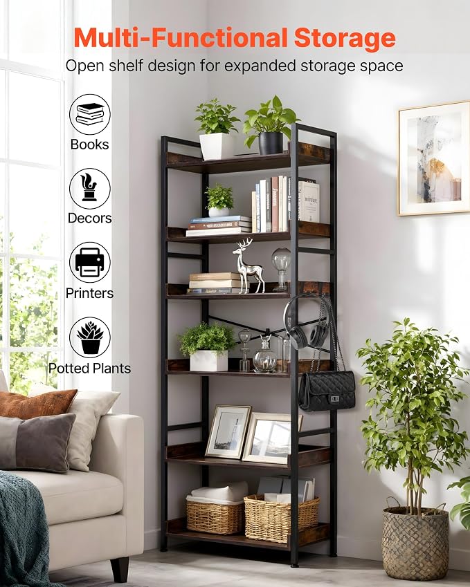 VEVOR Industrial Bookshelf, 6-Tier, Vintage Ladder Shelf Bookshelves and Bookcases, with Metal Frame, Book Organizer with Open Shelves, for Living Room, Bedroom, Kitchen, Home Office, Rustics Brown