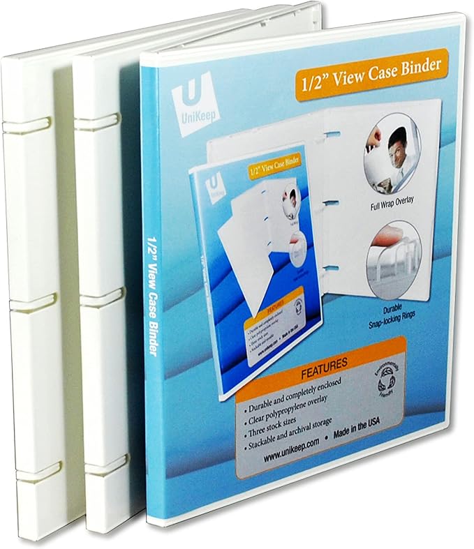 UniKeep 3 Ring View Binder - Binder Case is Fully Enclosed - Available in White, Clear, or Black and in Different Spine Sizes (Pack of 3, White, 0.5 Inch)
