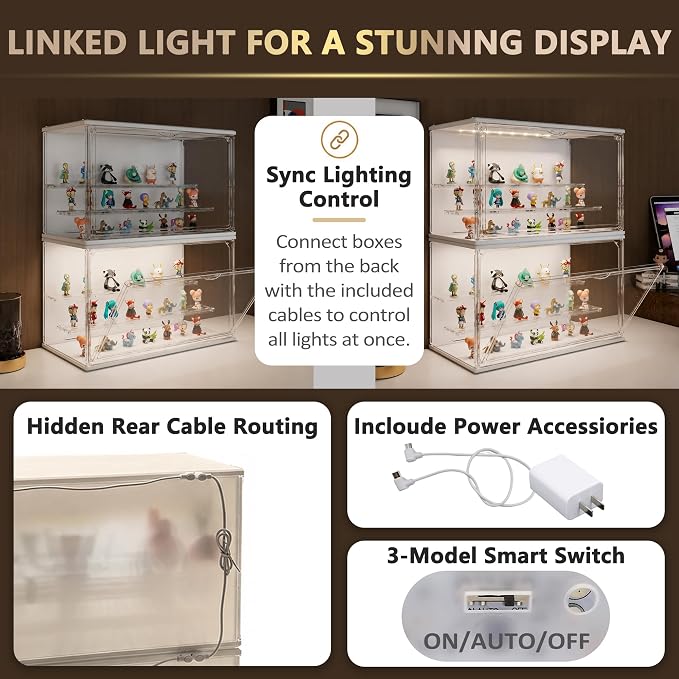 Clear Display Case for Collectibles, 3-Tier Adjustable Figure Display Case with LED Light, Stackable Acrylic Showcase with Magnetic Door for Model Figures, Jewelry & Collectibles (White)