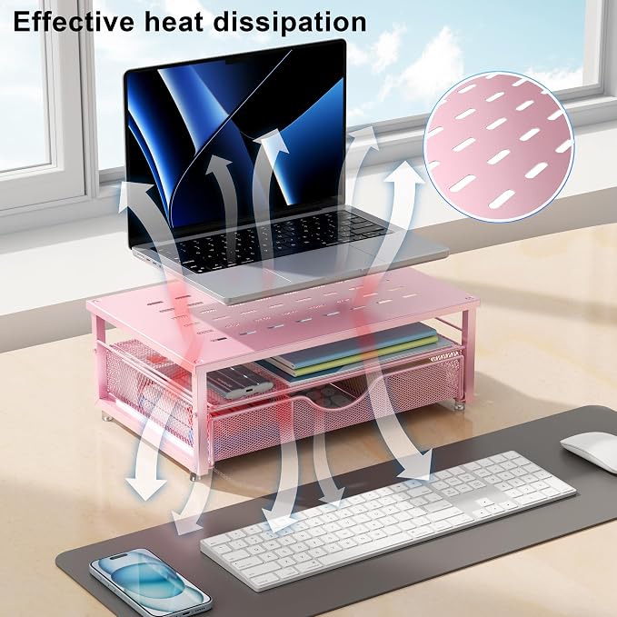 gianotter Computer Monitor Stand Riser with Drawer | Desk Organizers and Accessories Desk Accessories & Workspace Desktop Organizers Storage for Printer Stand (Pink)