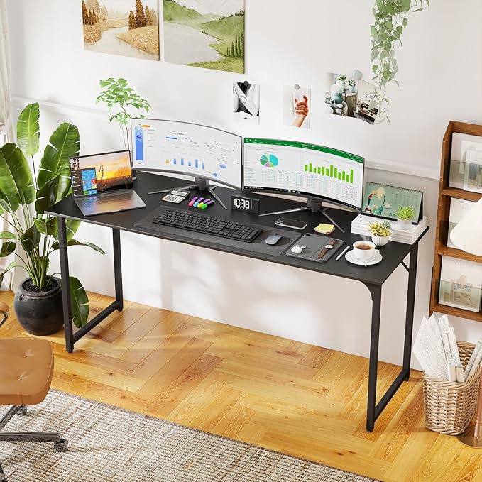 PayLessHere | 63 Inch Computer Desk | Black | Office Desk with Metal Frame, Adjustable Feet | Water-Resistant, Scratchproof Surface | Sturdy Writing Table for Home Office or Study | Pack of 1