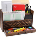 Wood Office Desk Organizers and Storage, Wood Mail Bill Organizer with Drawer for Desktop Organization, Desk Accessories & Workspace Organizers, File Paper Holder Desk Sorter for Storage(Rustic Brown)