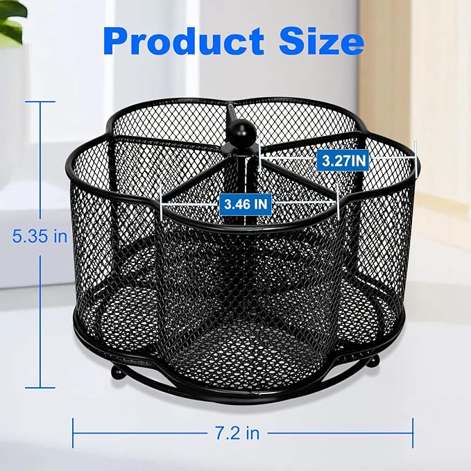 Pen Holder for Desk,360 Degree Rotating Pencil Holder Organizer | 5 Compartments,Large Capacity Pencil Holder for Desk,Metal Rust Prevention,Workspace Pen Organizers for Home(Black, No hook)