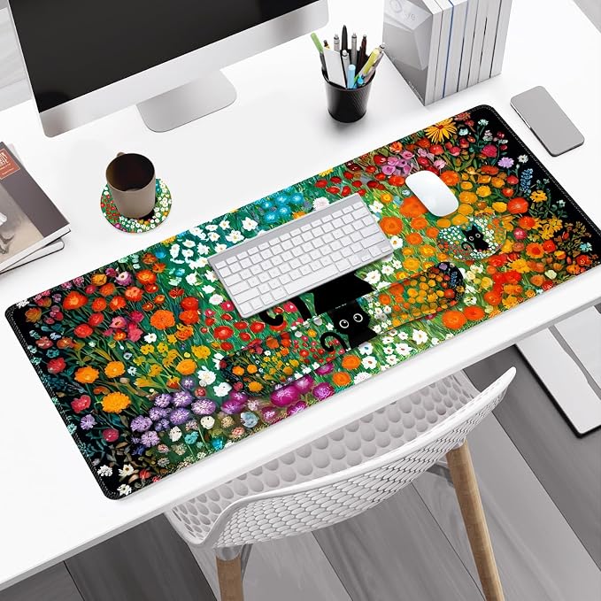 Large Gaming Mouse Pad Set, 4 in1 Ergonomics Keyboard Desk Mat w/Memory Foam Wrist Rest, Computer Extended Game Mousepad, Non-Slip Desk Matt Easy Typing Pain Relief I Multicolored Flower Cat
