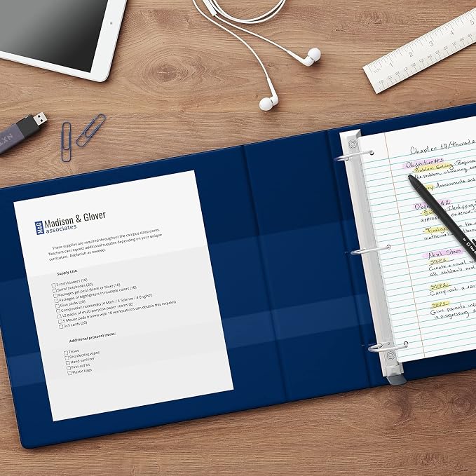 Staples Heavy-Duty 1.5-Inch D-Ring View Binder, Blue, 350 Sheets | Reinforced spine for durable everyday use in office and school settings.
