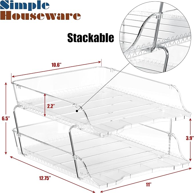 Simple Houseware 2-Tier Stackable Paper Tray for Desk Organizer, Clear | Desktop File Holder for A4/Letter Size Documents, File Sorter, Paper Holder, Office File & Accessories Storage