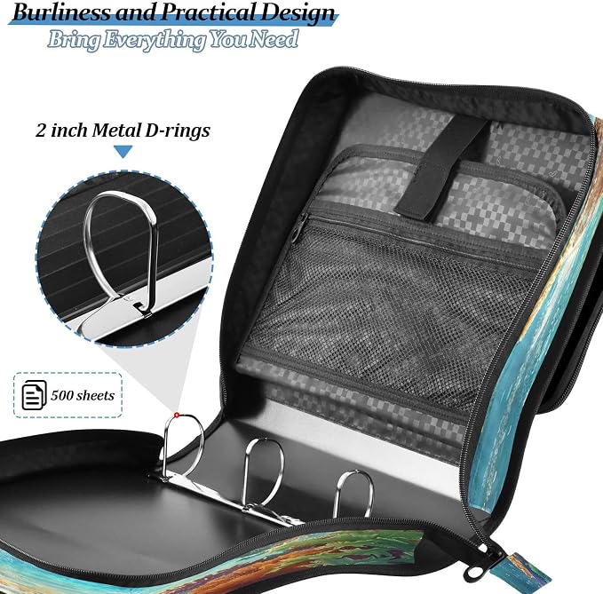 ALAZA Zipper Binder 3 Ring Sea Turtles on The Sea Binder Organizer with Zipper and Shoulder Strap Large Capacity Multi-Pocket Trapper Keeper File Folder for Office Supplies