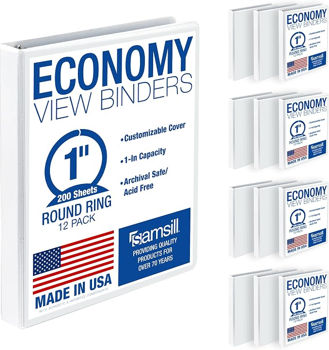 Samsill 1 Inch 3 Ring Binders, Economy Round Ring, Clear View Cover, 200 Sheet Capacity - for School, Home, Office - White, 12 Pack