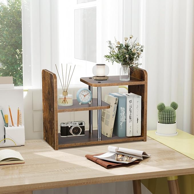 Desktop Organizer,Office Storage Rack,Wood Small Bookshelf,Brown | Display Shelf,Office Shelf,Desk Organizer Small Tabletop Hutch for Office,Dorm,Living Room,Counter Top