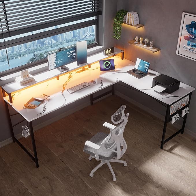 Pamray 64 Inch L Shaped Gaming Desk with Monitor Stand and Power Outlets | Large Corner Computer Desk With Pegboard & Led Lights USB Charging Ports for Home Office Study and Writing Bedroom and Dorms