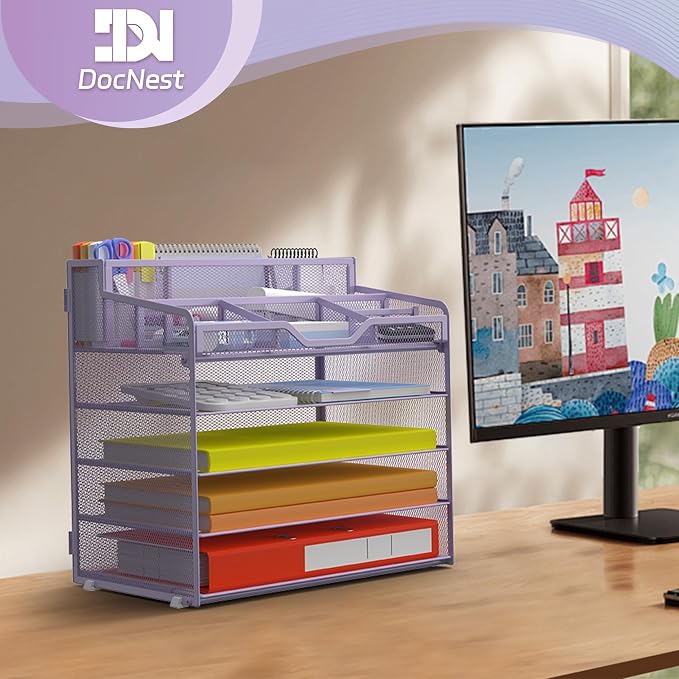 Docnest 5 Tier Mesh Desk Organizer with Letter Tray & Paper Sorter, Purple | Features 3 built-in pen holders & 5 adjustable compartments on top. Includes 4 non-slip rubber feet for desk protection