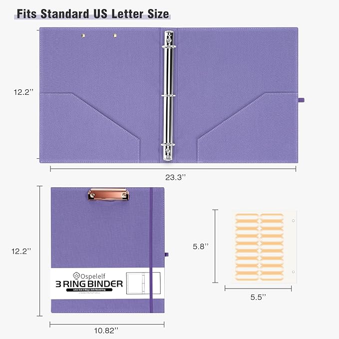 Ospelelf 1 Inch 3 Ring Binder with Dividers and Zipper Pouch, 5 Plastic Folders with 10 Pockets, Linen Hardcover Clipboards with Storage for Letter Size (8.5" x 11"), Purple School Binder
