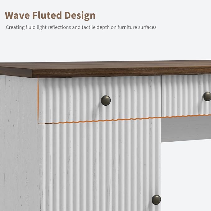 IDEALHOUSE 60 Inch Modern Executive Desk with Charging Station, USB-C/A Ports & 6.56ft Cord - Walnut & White Fluted Wood Office Desk with File Drawers, Sturdy Computer Desk for Home Office