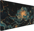Floral Aesthetic Lotus Gaming Mouse Pad, Black Gold Chinoiserie Desk Mat with Anti-Slip Base & Stitched Edges, Office Supplies & Desk Decor for Women, 35.4" x 15.7" in Home Office Essentials