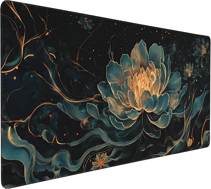 Floral Aesthetic Lotus Gaming Mouse Pad, Black Gold Chinoiserie Desk Mat with Anti-Slip Base & Stitched Edges, Office Supplies & Desk Decor for Women, 35.4" x 15.7" in Home Office Essentials