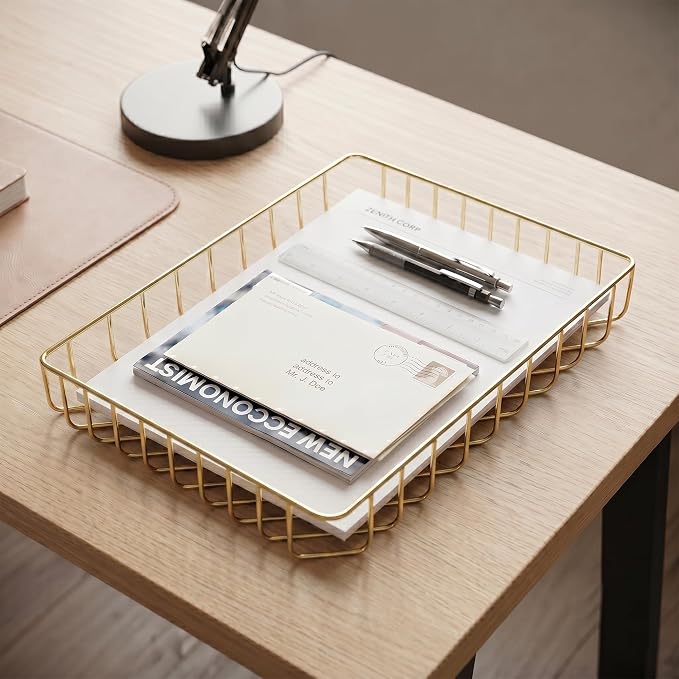Elegant Wire Desk Tray Organizer - Multipurpose A4 Letter Size File Tray, Premium Metal Mesh Document & Magazine Holder, Storage Basket for Office, Vanity, & Bathroom, Gold, 2 Pack
