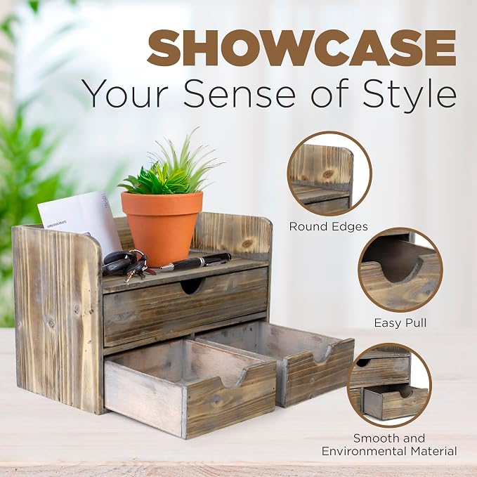 Besti Wooden Office Desk Organizer - Organizing Tool for Desktop, Cubicle, Bedroom, Kitchen - Vintage Style Organization Caddy with Top Tray Shelf & 3 Drawers - 13.6x9x7 Inches (Rustic)