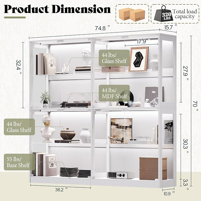 AMERLIFE 75-Inch RGB Display Cabinet with Glass Shelves | 70 H x 75 W x 16 D In, 4-Tier Storage, RGB LED Lights, Press-to-Open Doors, for Collectibles, White
