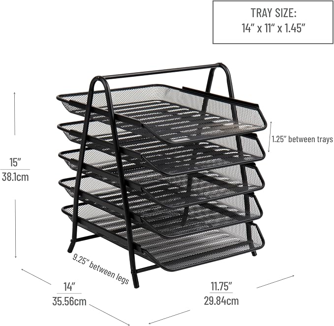 Mind Reader 5-Tier Paper Tray Organizer, Vertical Desktop File Storage Rack, Office, Metal Mesh, Black (Pack of 6)