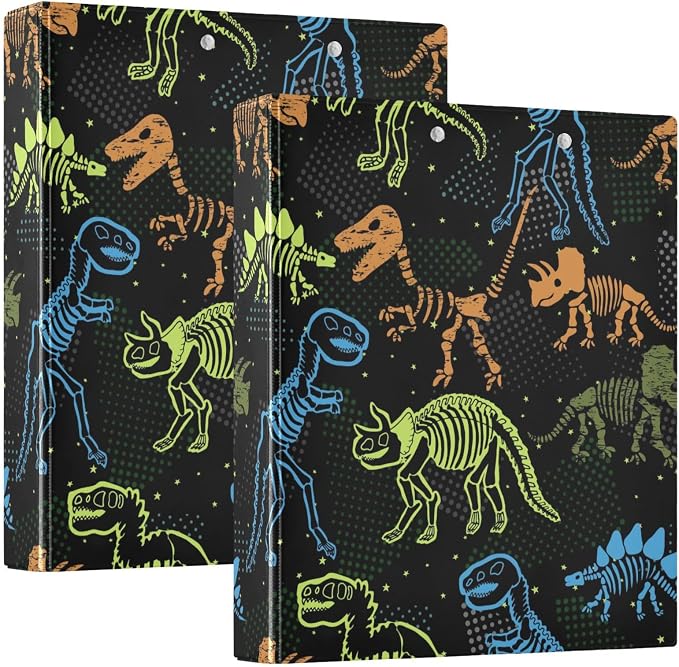 Dinosaur Skeleton Decorative 3 Ring Binder 1.5 Inch Large View Binders with Pockets File Organizer for Office College School, 2 Pack