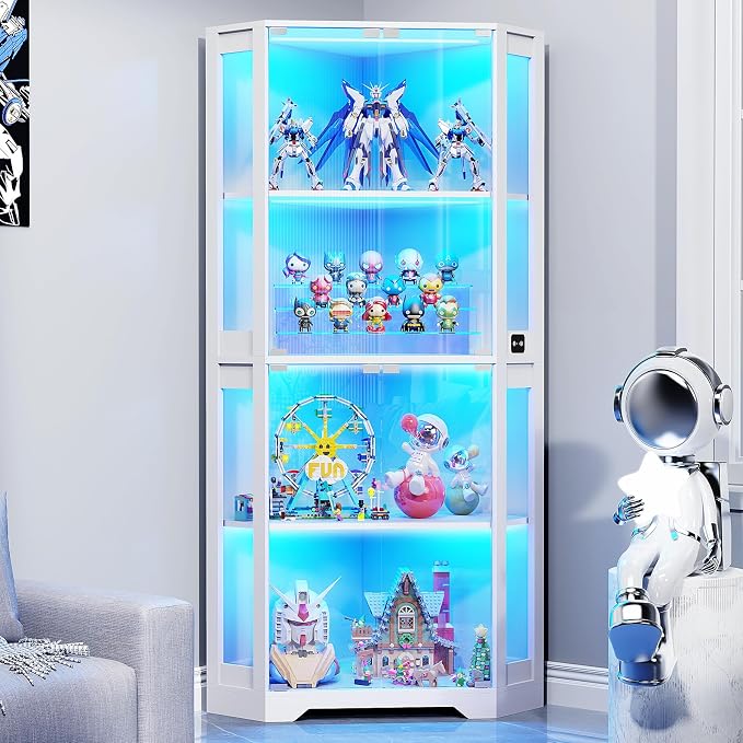 BROTTAR Lighted Corner Display Cabinet with Glass Doors for Collectibles | 65" Curio Cabinet with 3 Color LED Lights, 4-Tier Showcase Display Case with Human Body Sensor for Trophies, Books, White