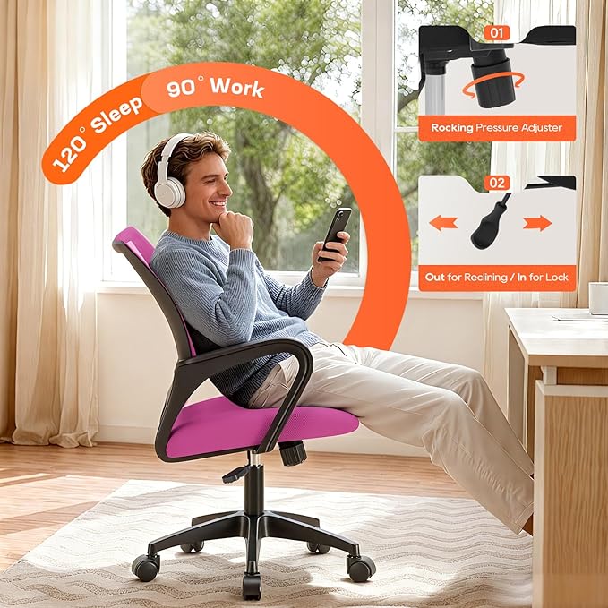 BestOffice Ergonomic Office Chair | Mid-Back Swivel Desk Chair | Pink | with Lumbar Support, Adjustable Height & Breathable Backrest | Sponge Seat & Rolling Wheels | for Home, Office | Pack of 1