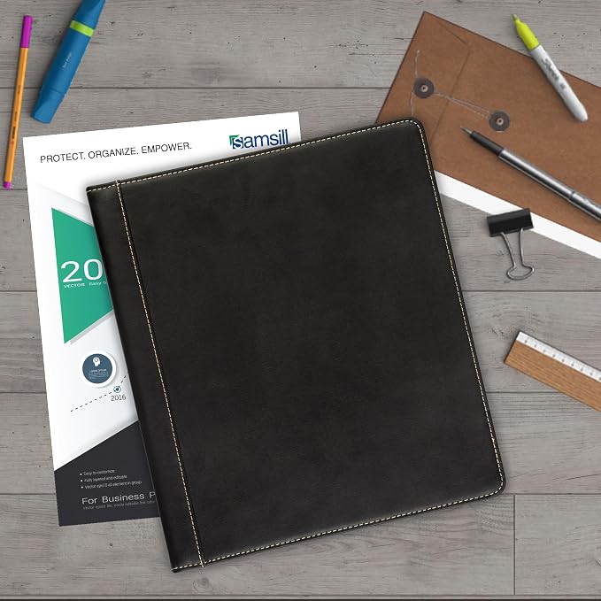 Samsill 0.5 Inch 3 Ring Binder, Leather, Black with Contrast Stitching, 8.5X 11 Inch, 3 Rings, Notebook Binder, Portfolio Organizer, Planner, Journal
