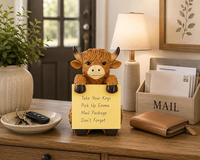 Highland Cow Pop-Up Sticky Note Dispenser for 3 x 3 in Notes, Brown | Includes 100 sheets, handmade resin desk decor for office, home or classroom, gift for teachers, coworkers and cow lovers