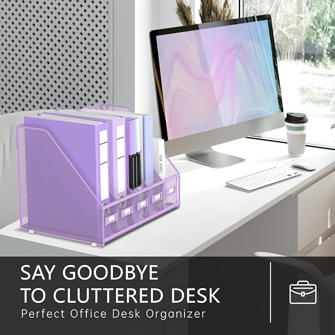 DALTACK 5-Slot Magazine File Holder, Metal Binder Holder, Purple | Iron Mesh Construction, Labeled Sections for Easy Sorting, Anti-Slip Feet, Binder and Folder Storage for Office, Classroom