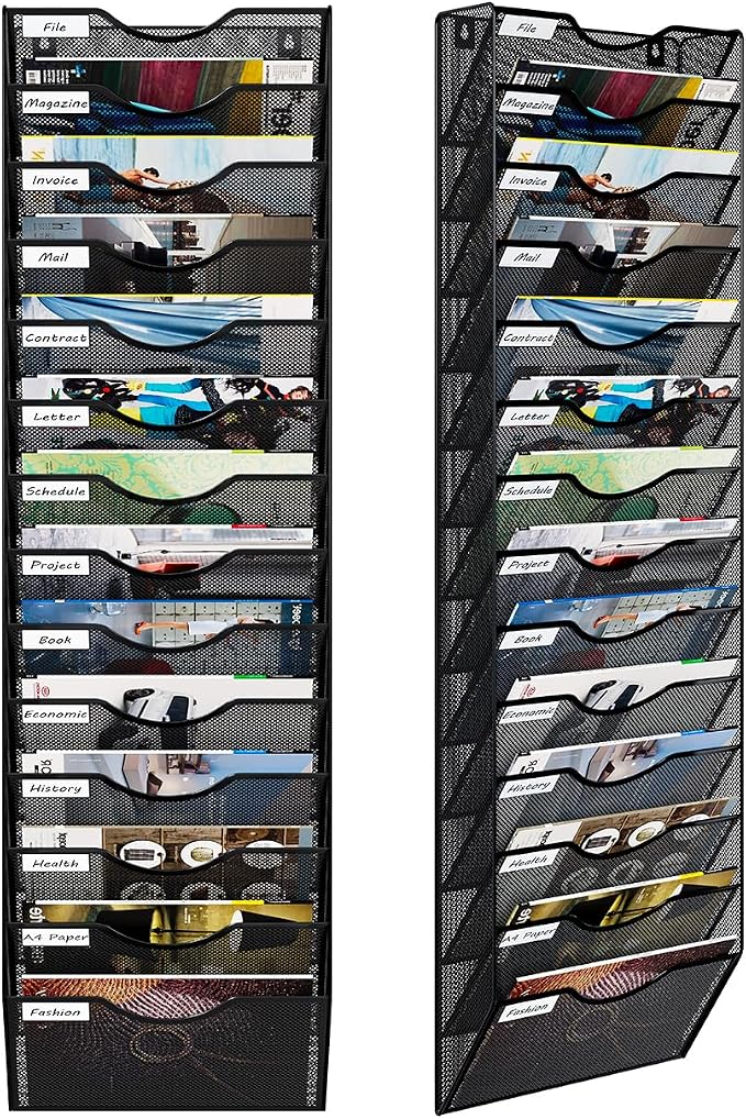 14 Pockets Hanging Wall File Organizer, Office Organization Wall Mount Mail Sorter Paper Holder Bill Organizer for Home, Black