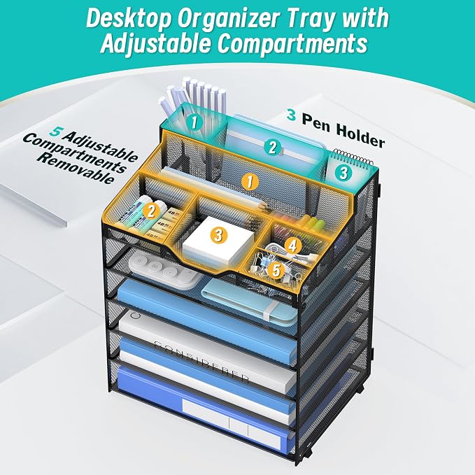 6 Tier Mesh Paper Desk Organizer with Pen Holders, Black | Features 3 pen holders, and 5 adjustable compartments for office school home desk storage