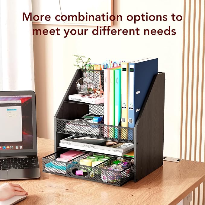 Wooden Desk Organizer - Mesh File Organizer with Drawers and Pen Holder - 4-Tier Vertical Paper Letter Storage Tray, Desktop Organizers and Accessories for Home Office (Black