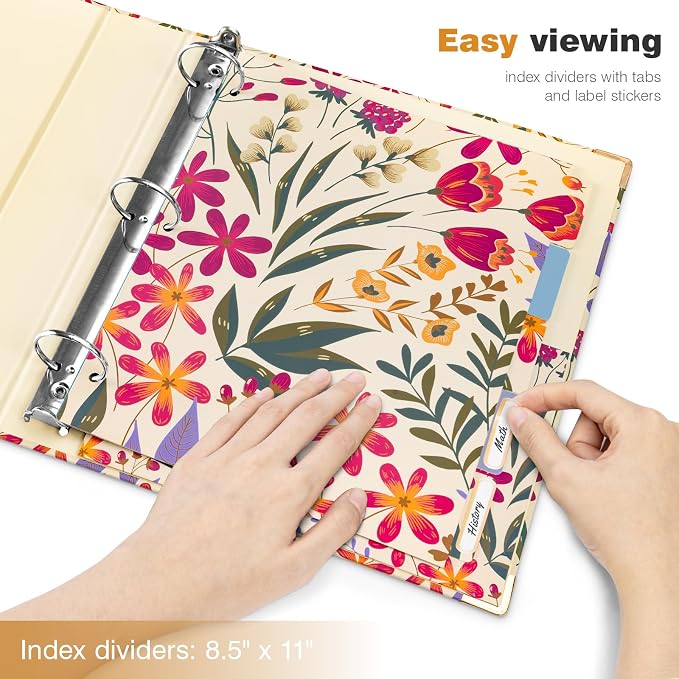 Ospelelf 3 Ring Binder, 1.5 Inch, Cute Floral Binder for Letter Size (11" x 8.5") with 5 Tab Dividers, File Folder Labels and Low Profile Clipboards