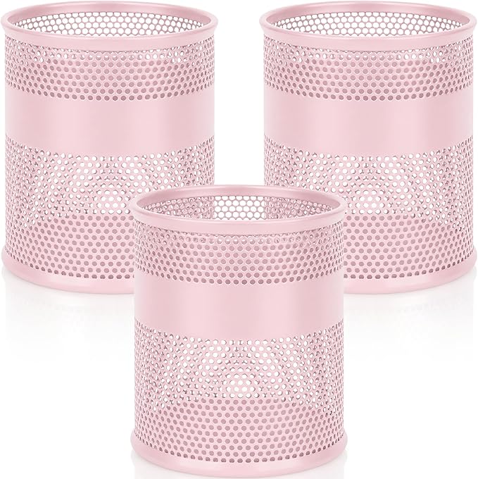 Segarty Pencil Holder, 3 Pack Pink Pen Holder, 3.3 x 3.9 inch Pencils Cups, Round Metal Pens Container Organizer for Office Supplies, School Classroom, Makeup Brush, Home Storage