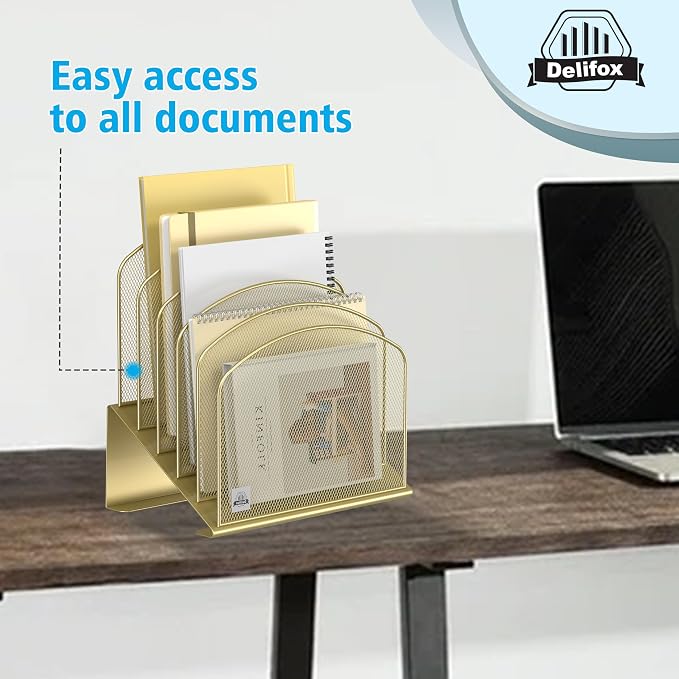 Delifox Inclined Desk File Organizer,Vertical File Folder Holder Stand Metal Rack File Sorter for Office Classroom Desktop Organization (1, Gold, 5)