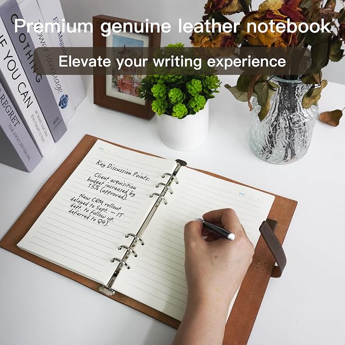 Refillable A5 Leather Binder Notebook, Reusable Leather Journal, Vintage Organizer with 6-Ring Metal Binder, 120 Pages Lined Paper & Pocket, for Writers Business Work Study College and Daily