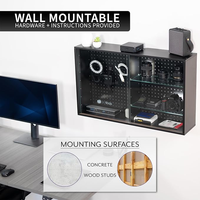 Pegboard Cabinet with Glass Door, Wall Mounted or Freestanding Storage Display Case, Black, LF-GDPC1