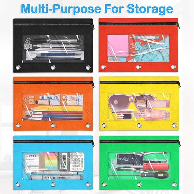 Letapapa 100 PCS Pencil Pouch for 3 Ring Binder, Zipper Pencil Pouches in 10 Colors, 3 Ring Pencil Pouches with Clear Window, Binder Pencil Pouch Bulk for Classroom Office School Supplies | Pencil Pouch for 3 Ring Binder, Zipper Pencil Pouches with Cle...