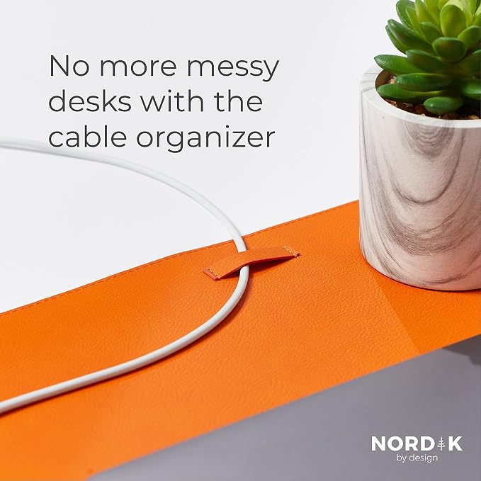 Nordik Leather Desk Mat -Tangerine Orange- Large Leather Desk Pad (35x17in) | Premium Vegan Leather Desk Pad with Cable Organizer, Giftable, Extended Waterproof Mouse Mat, Non-Slip Desk Pad Protector