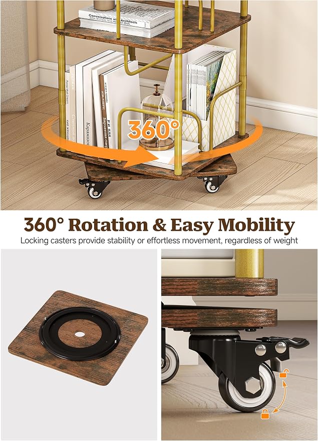 4 Tier Rotating Bookshelf Tower, 360° Spinning Book Shelf with Lights&Wheels,Square Revolving Bookcase Organizer,Narrow Swivel Bookshelves Turning Corner Bookshelf for Small Space,Gold