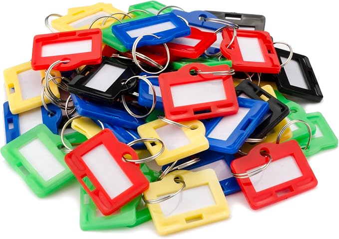 Barska Multi-Purpose Key Tags with Write-On Labels & Ring Holders - 100 Small Colored Tags- Key Chain Labels - Keychain tag- Id tag- Plastic Key Tags - Key Tags with Labels and Rings - Keytags