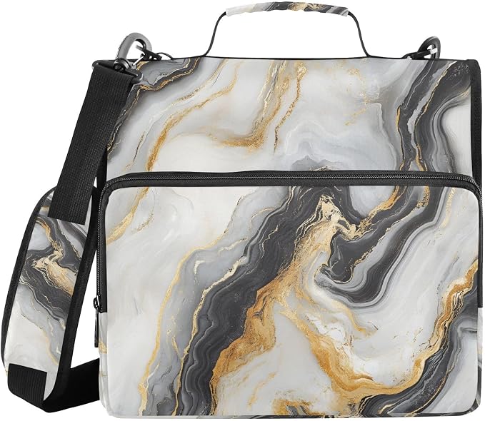 ALAZA Zipper Binder 3 Ring Black and White Gold Marble Binder Organizer with Zipper and Shoulder Strap Large Capacity Multi-Pocket Trapper Keeper File Folder for Office Supplies